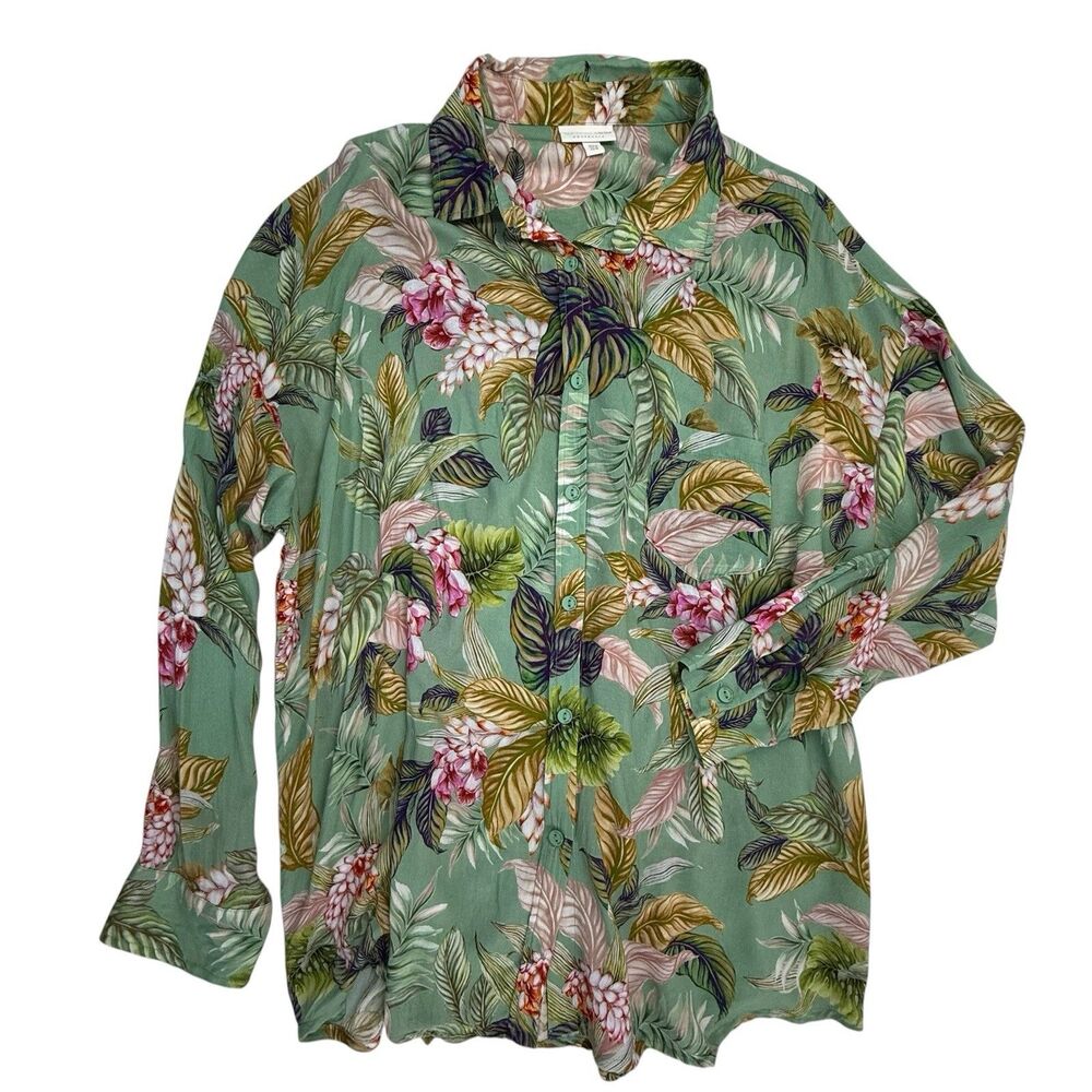 Sea Level Swim Cover Up Medium Hawaiian Print Button Front Tunic Shirt Floral